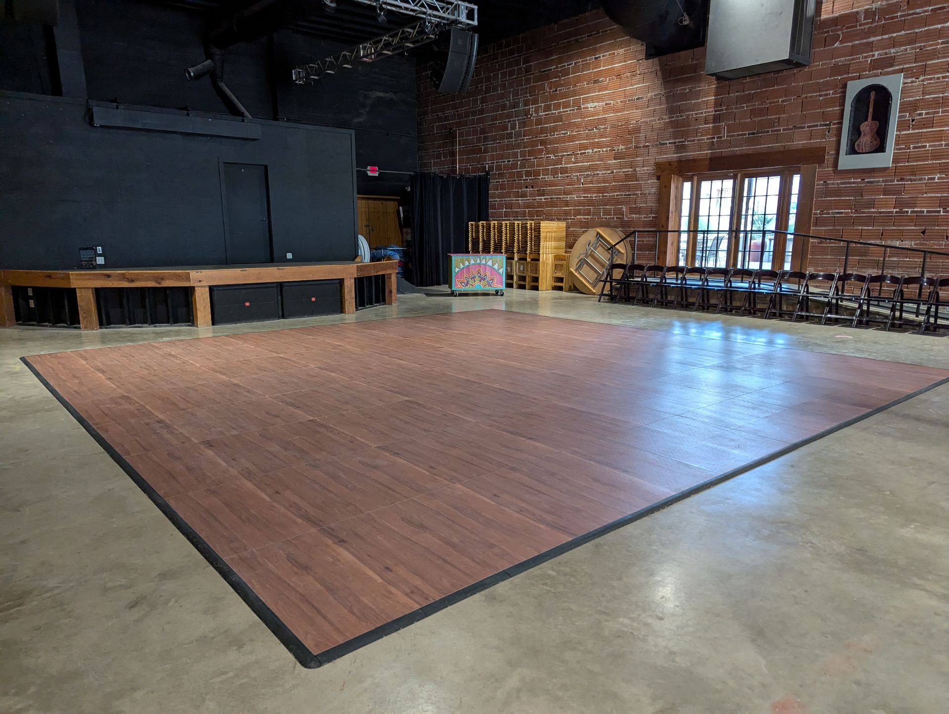 Portable wood dance floor in venue